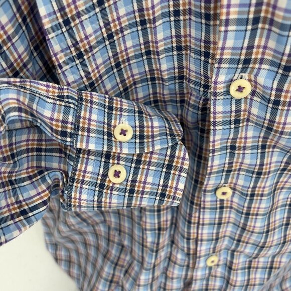 Peter Millar Mens Small Plaid Button-Up Shirt Blue Purple 100% Cotton Long Sleev - Picture 4 of 7